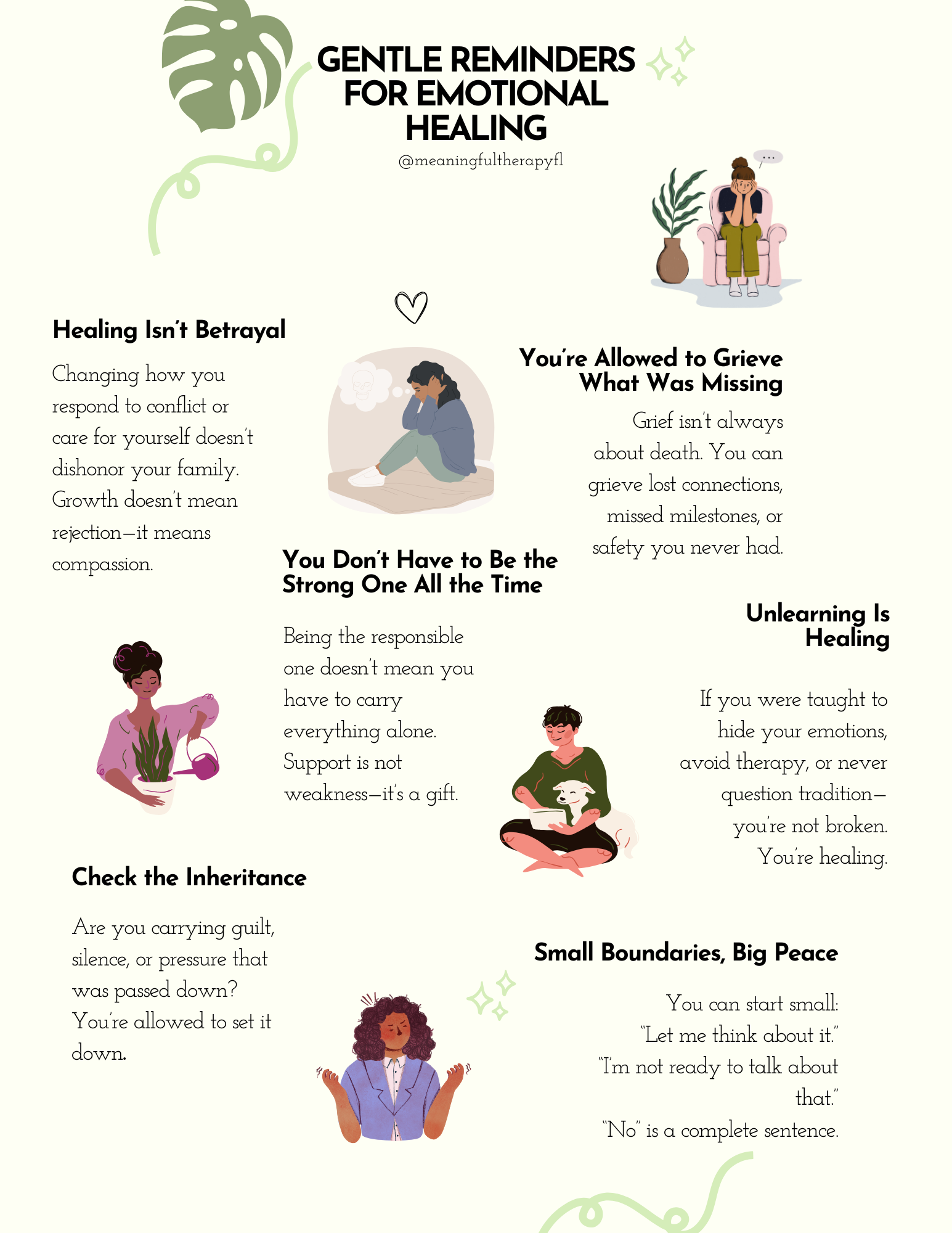 Infographic with the title "Gentle Reminders For Emotional Healing", includes six therapy-minded tips. The text is in the article.